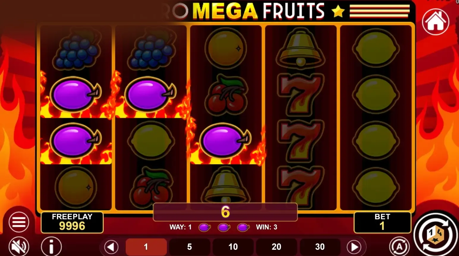 Real Retro Mega Fruits gameplay frame 5 showing the 5x4 reel screen