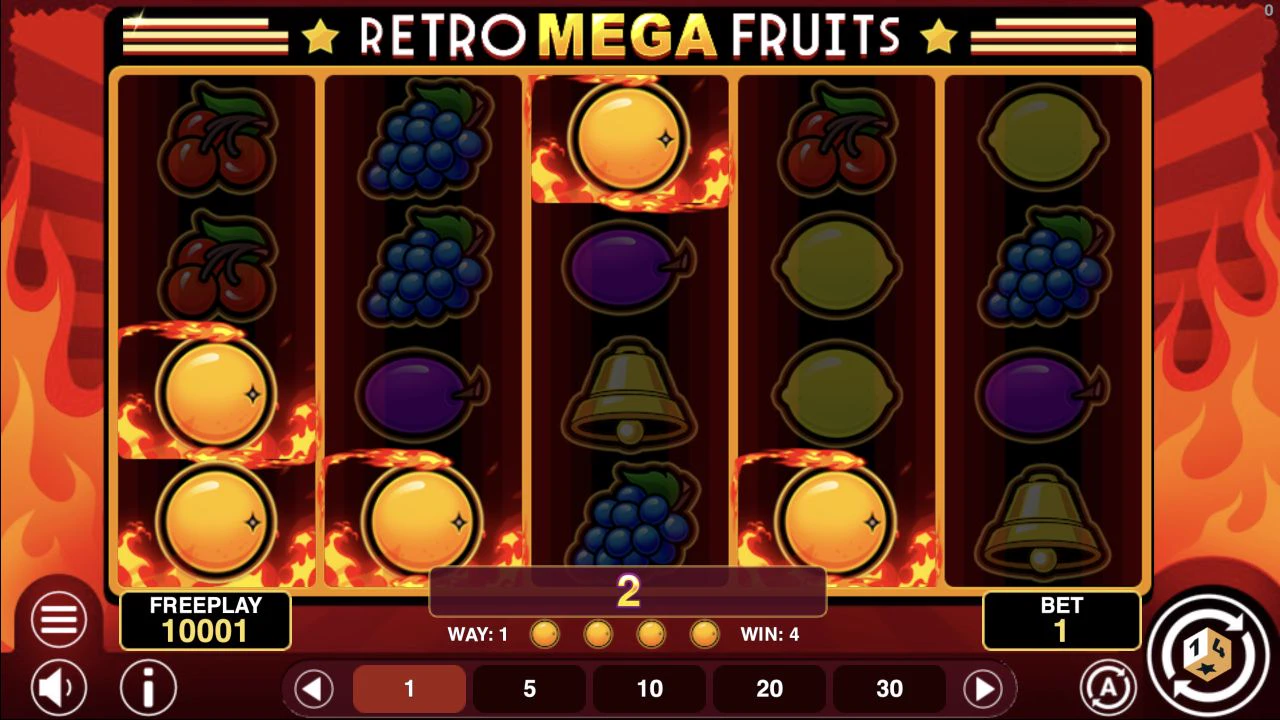 Real Retro Mega Fruits gameplay frame 7 showing the 5x4 reel screen